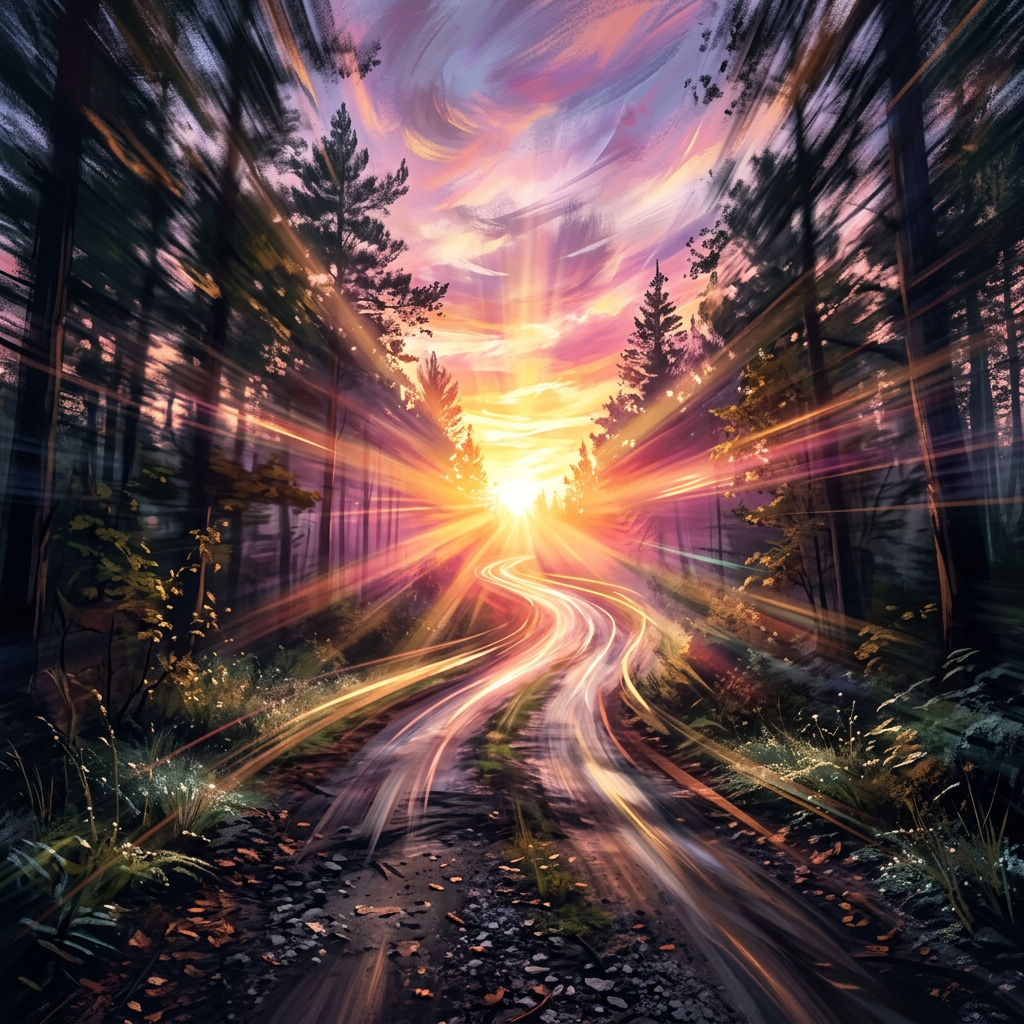 Winding forest path glowing with colorful sunset light through trees