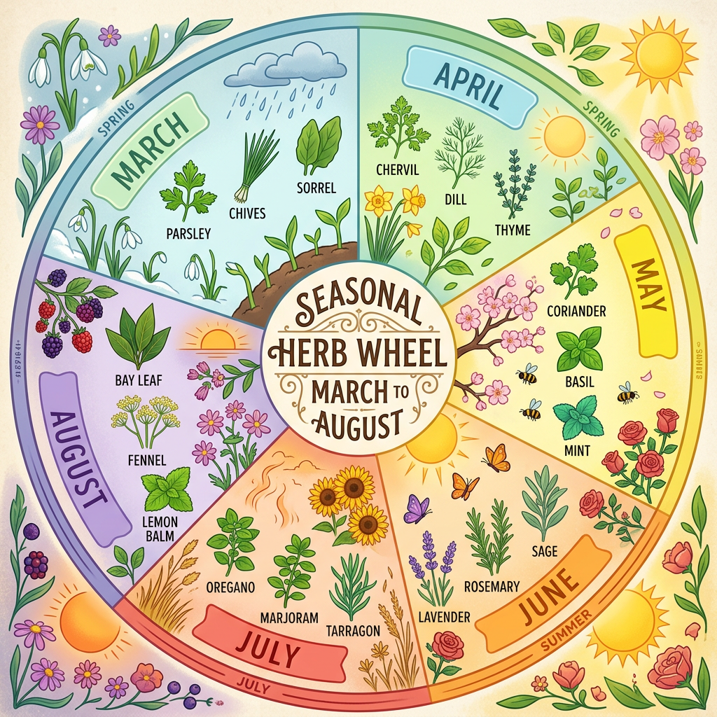 Seasonal herb wheel with herbs listed by month from March to August including parsley, chives, sorrel, chervil, dill, thyme, coriander, basil, mint, rosemary, sage, lavender, oregano, marjoram, tarragon, bay leaf, fennel, and lemon balm.