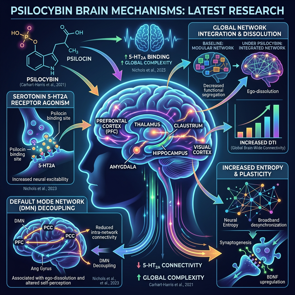 Diagram of brain regions affected by psilocybin including prefrontal cortex, thalamus, claustrum, hippocampus, amygdala, and visual cortex showing serotonin receptor binding, network integration, default mode network decoupling, and increased entropy and plasticity.